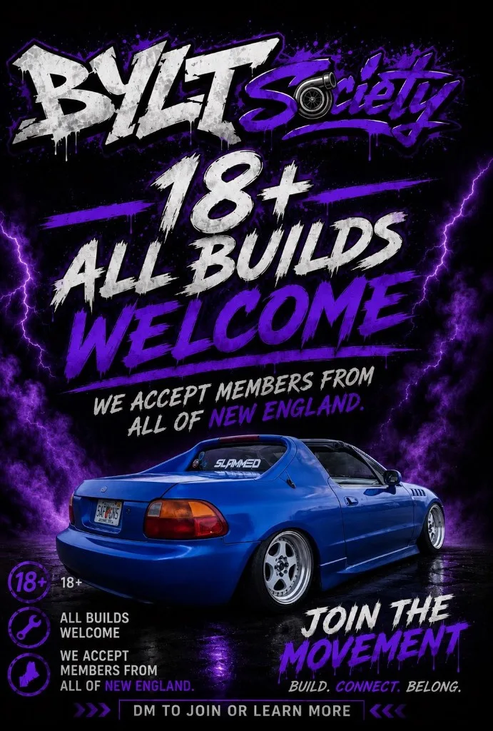 BYLT Society recruitment flyer — 18+, all builds welcome, New England
